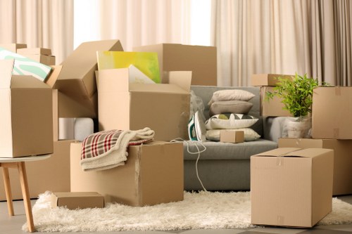 Movers carrying items through a Fitzrovia apartment building